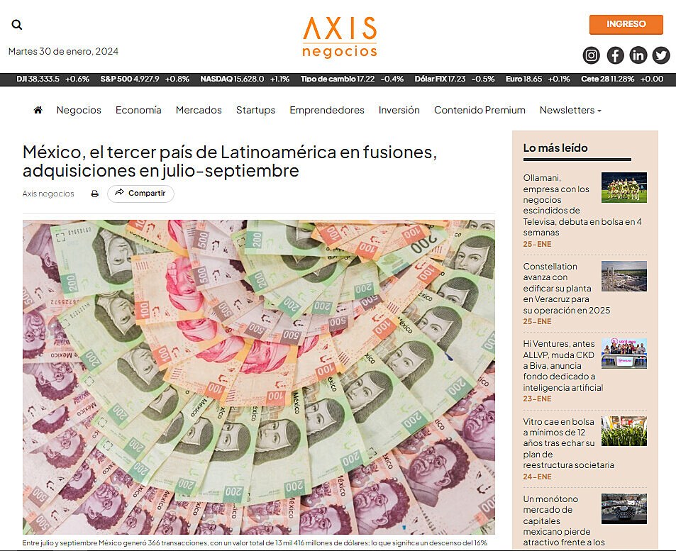 Mxico, el tercer pas de Latinoamrica en fusiones, adquisiciones en julio-septiembre